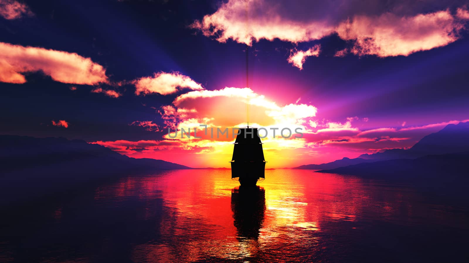 old ship at sea sunset illustration by alex_nako