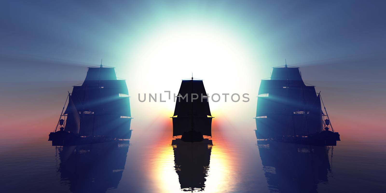 old three ships sunset at sea, 3d rendering by alex_nako