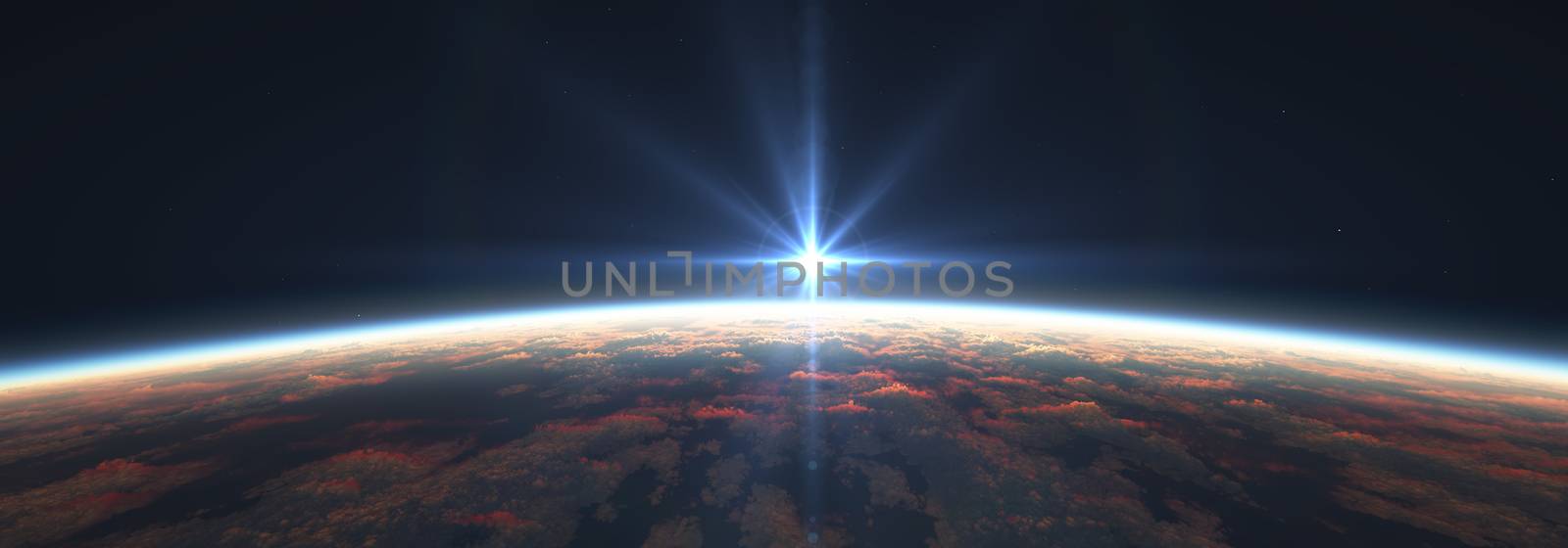 Earth sunrise from space over cloudy ocean. 3d rendering illustration