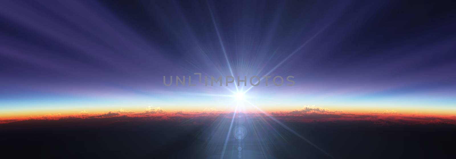 Earth sunrise from space over cloudy ocean. 3d rendering illustration