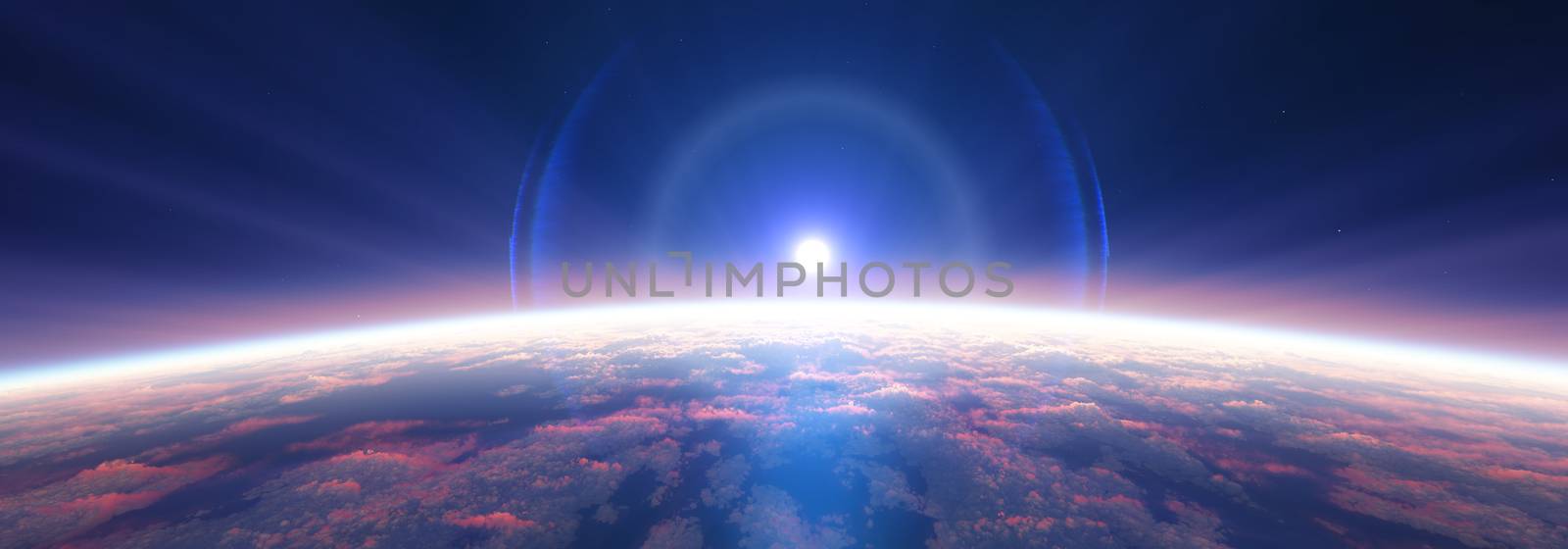 Earth sunrise from space over cloudy ocean. 3d rendering illustration