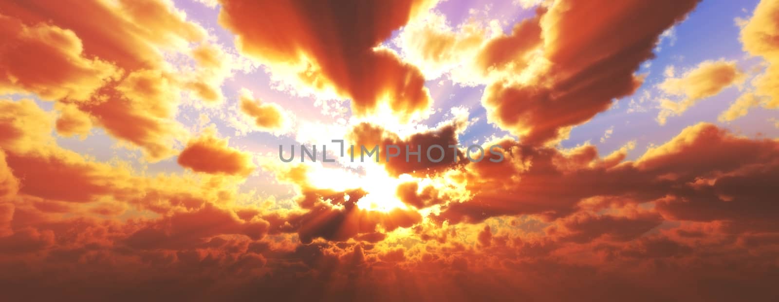 Sunset / sunrise with clouds, light rays and other atmospheric effect, 3d illustration