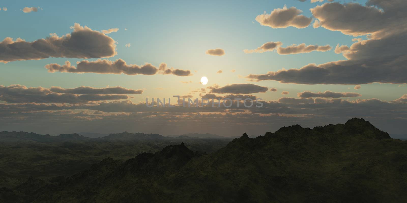 Mountain panorama over the clouds sunset. Computer generated 3D illustration by alex_nako