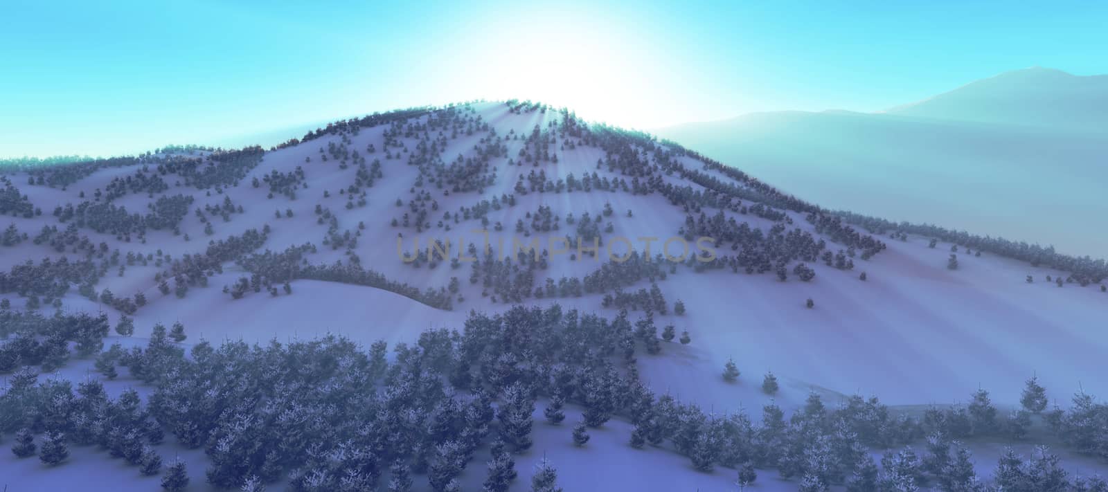 above winter forest mountain sunset 3D rendering illustration