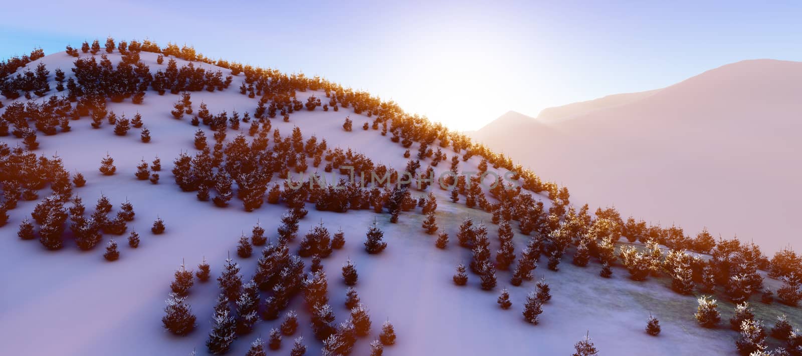 above winter forest mountain sunset 3D rendering illustration