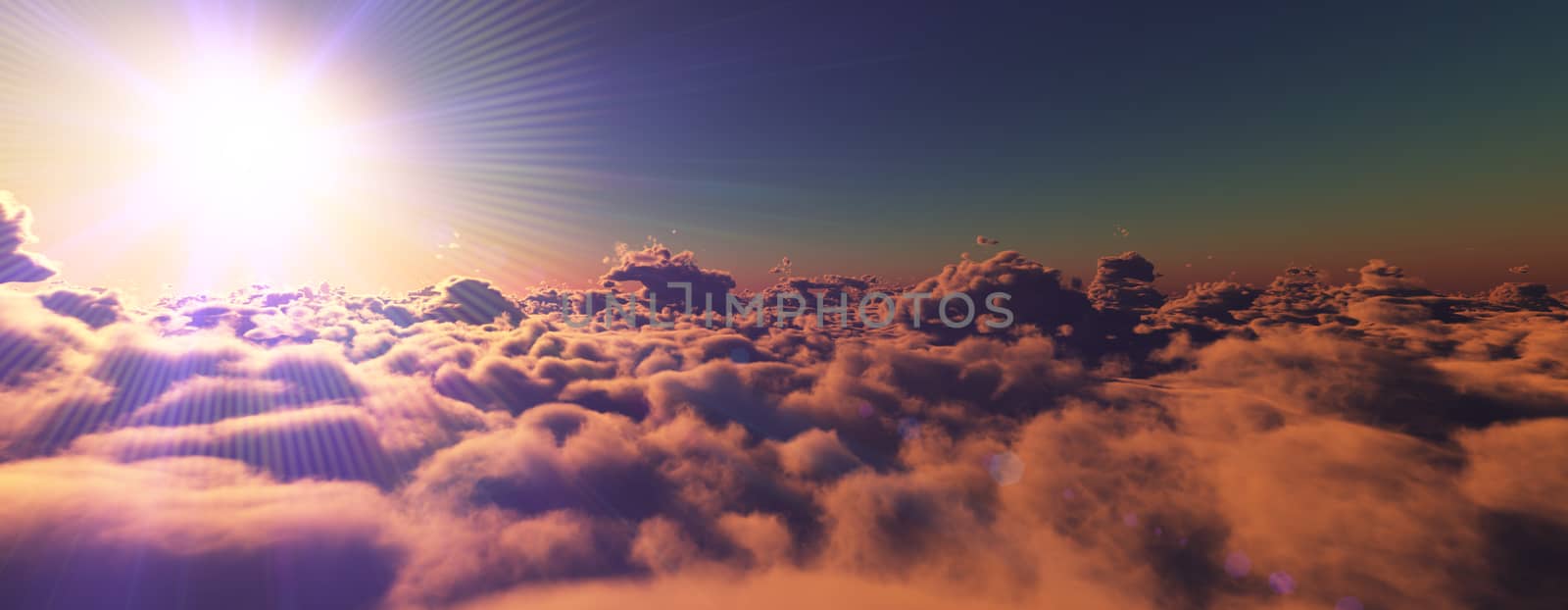 above clouds fly sunset sun ray illustration, 3d render