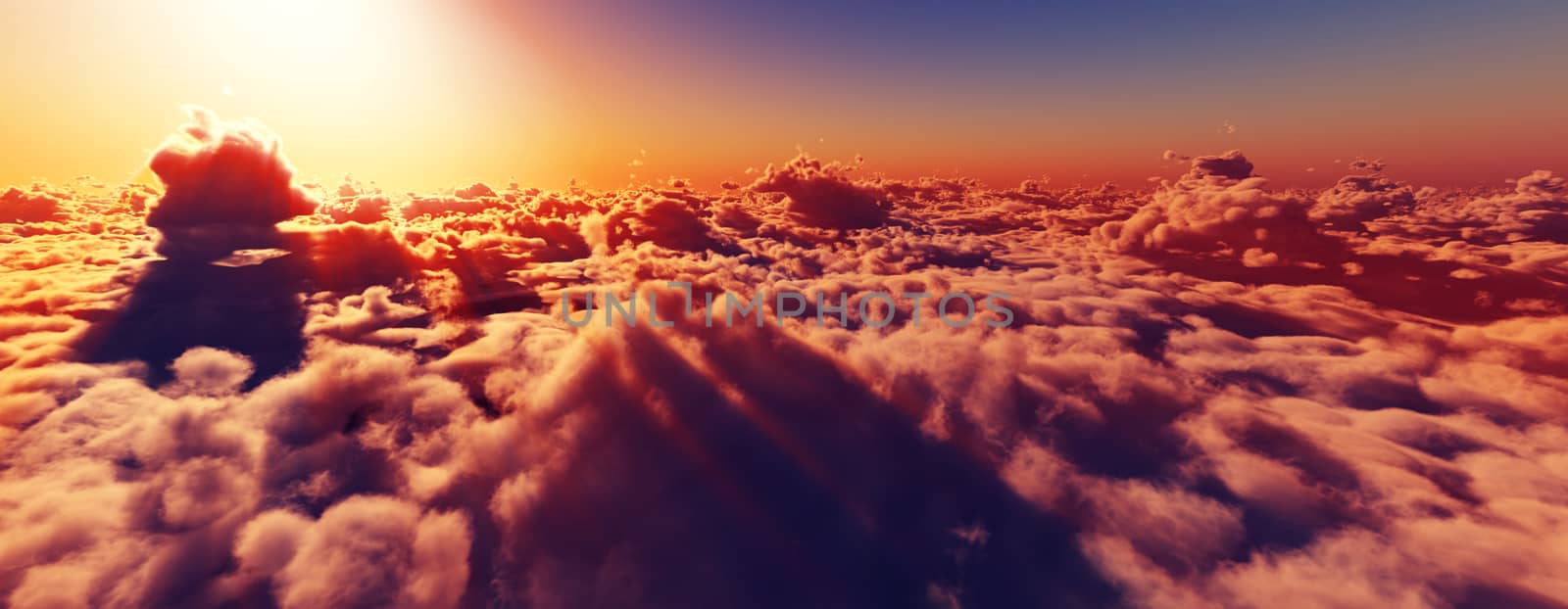 above clouds fly sunset sun ray illustration, 3d render