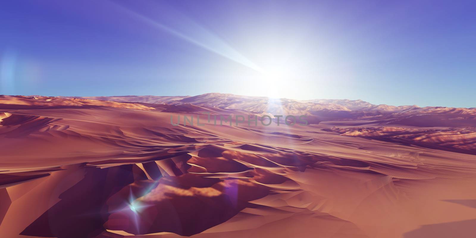 Dunes sunset over the desert. 3d rendering by alex_nako