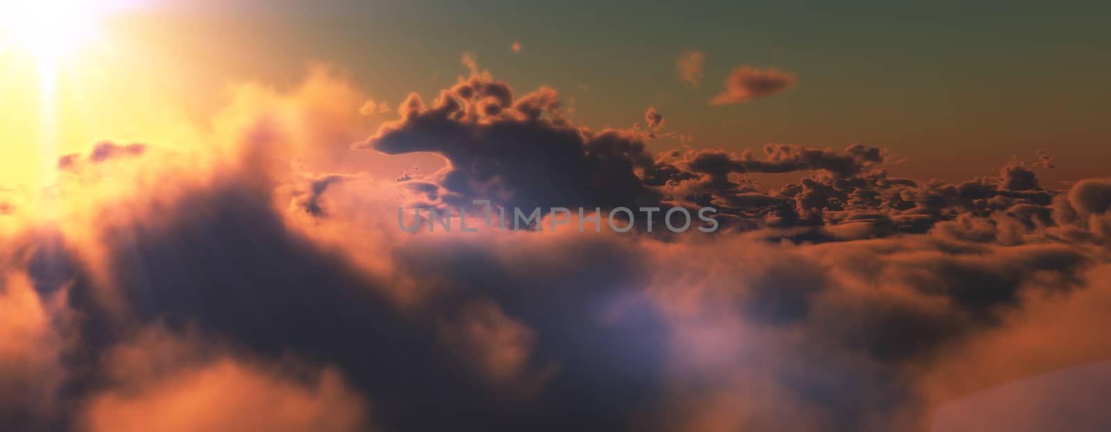 above clouds fly sunset sun ray illustration, 3d render