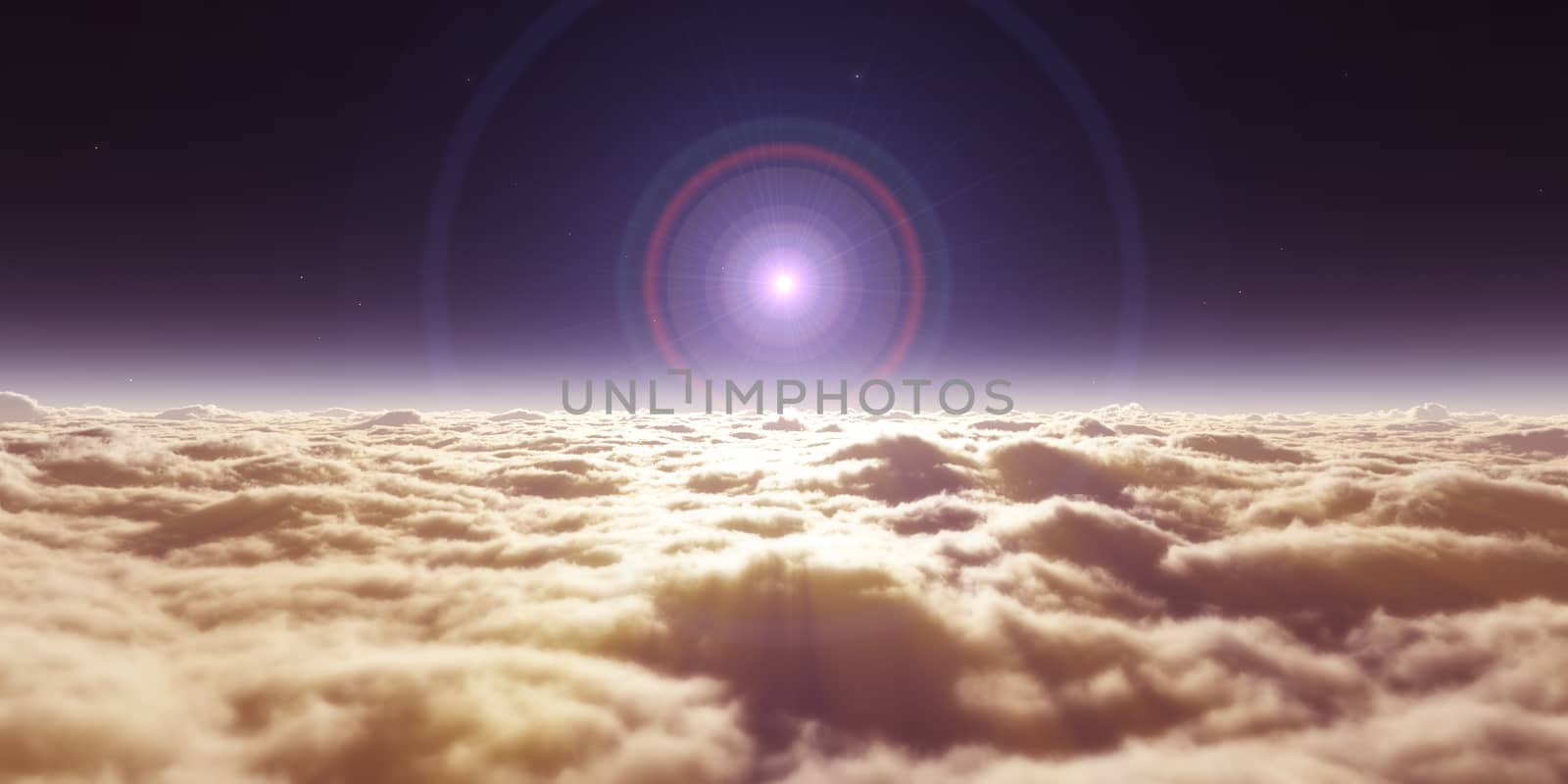 dream fly above clouds ray light, 3d rendering illustration