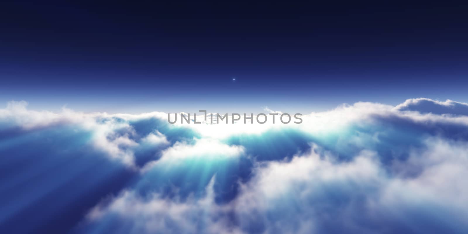 dream fly above clouds ray light, 3d rendering illustration