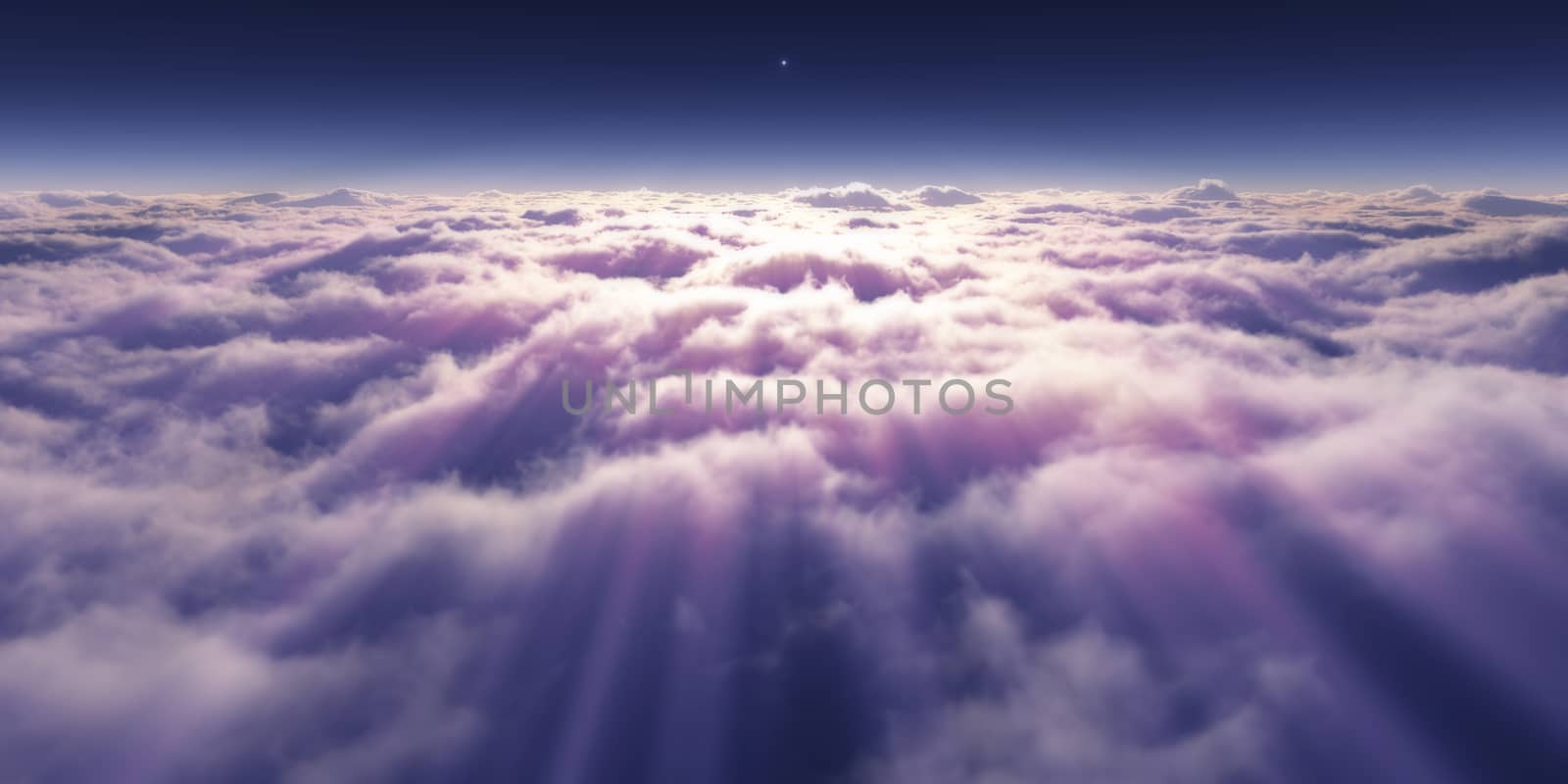 dream fly above clouds ray light, 3d rendering illustration