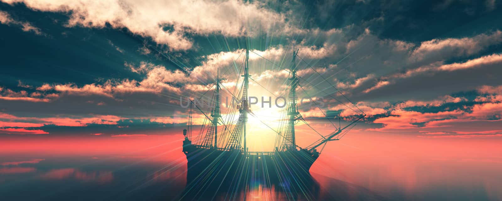 old ship sunset at sea 3d rendering by alex_nako