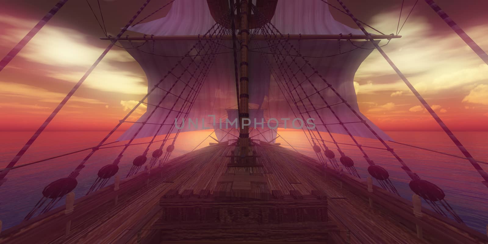 old ship sunset at sea 3d rendering by alex_nako