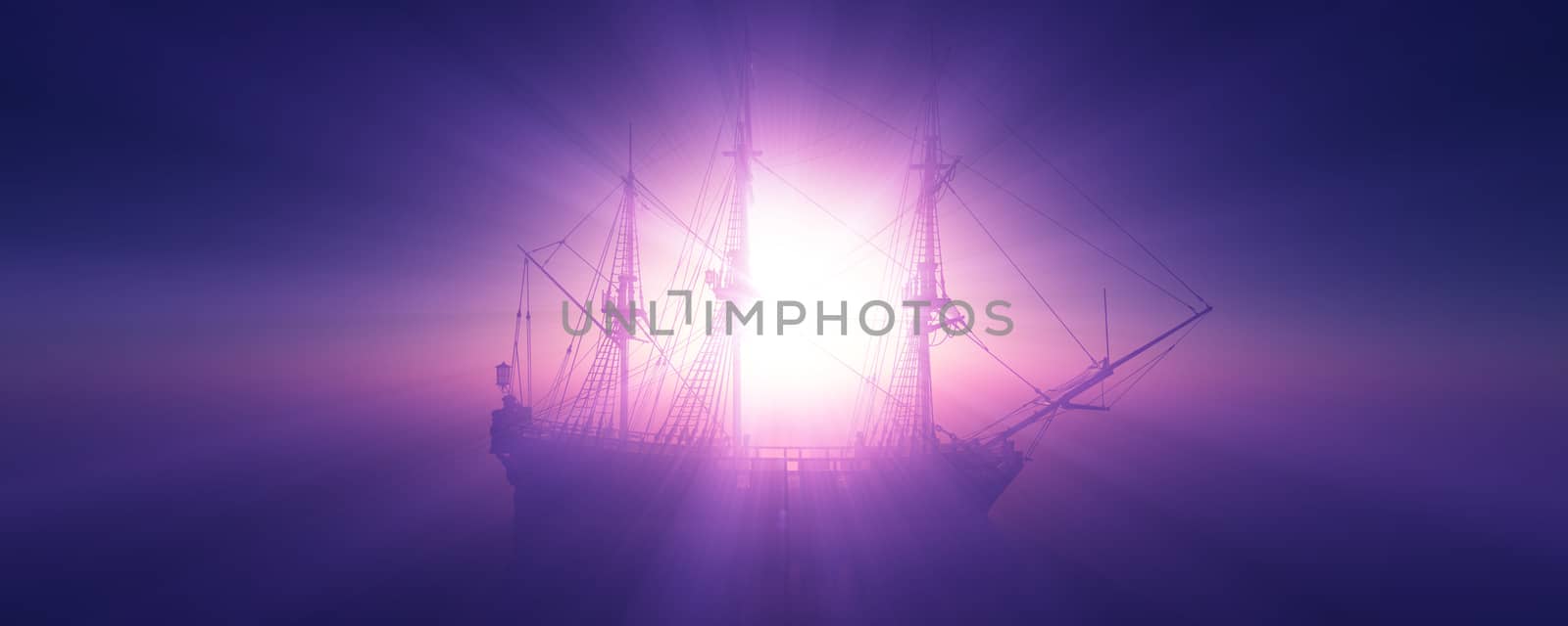 old ship sunset at sea 3d rendering illustration