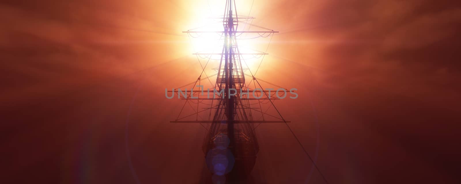 old ship sunset at sea 3d rendering illustration