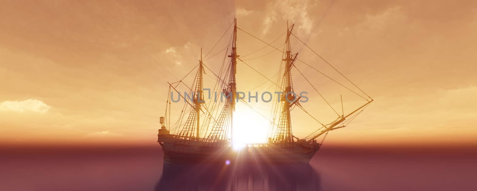 old ship sunset at sea 3d rendering by alex_nako