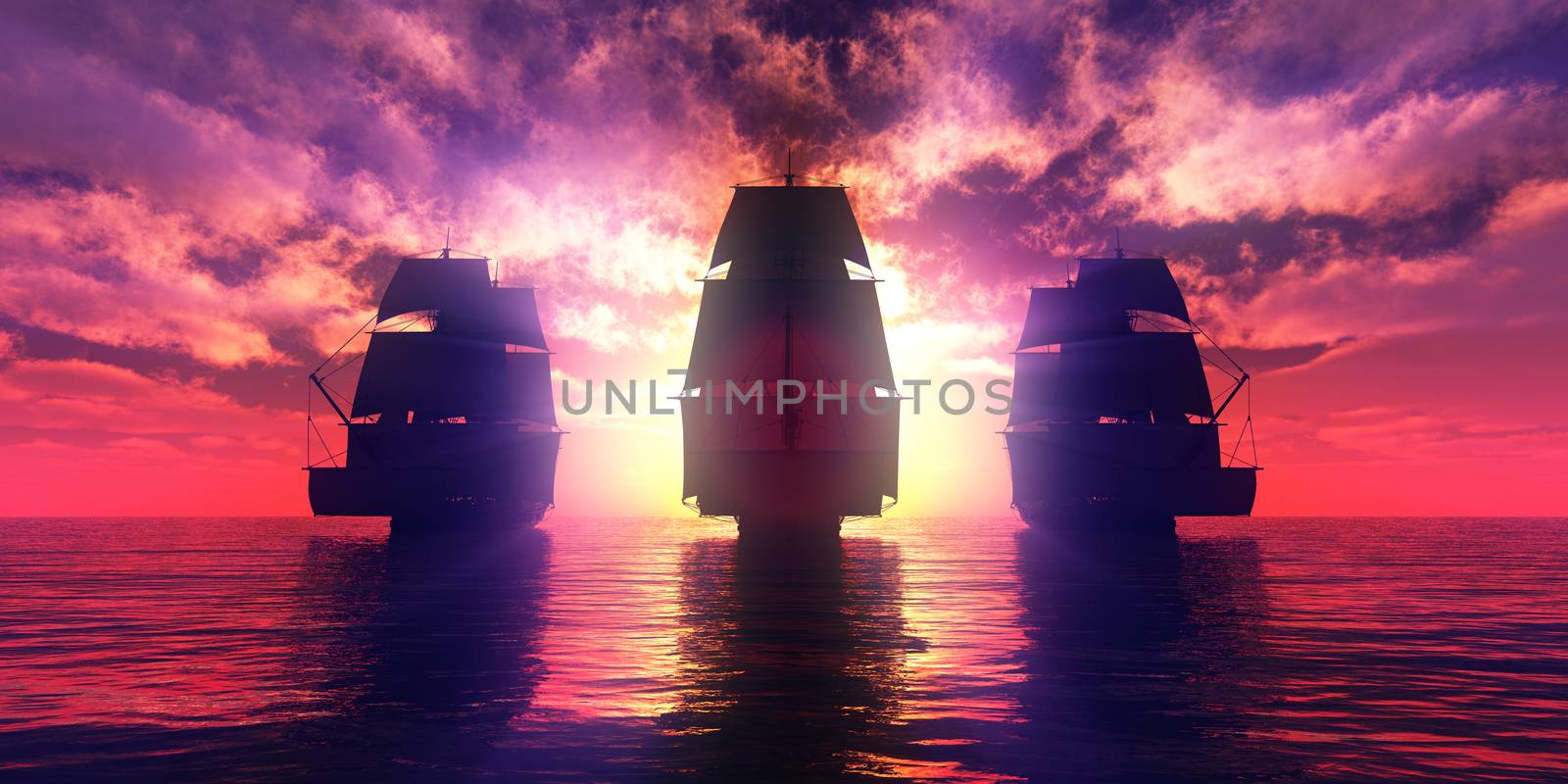 old three ships sunset at sea, 3d rendering by alex_nako