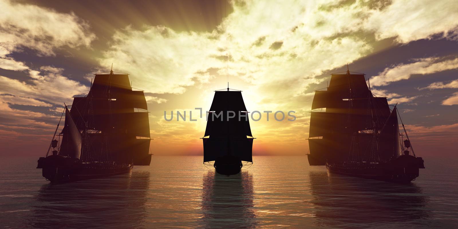 old three ships sunset at sea, 3d rendering by alex_nako