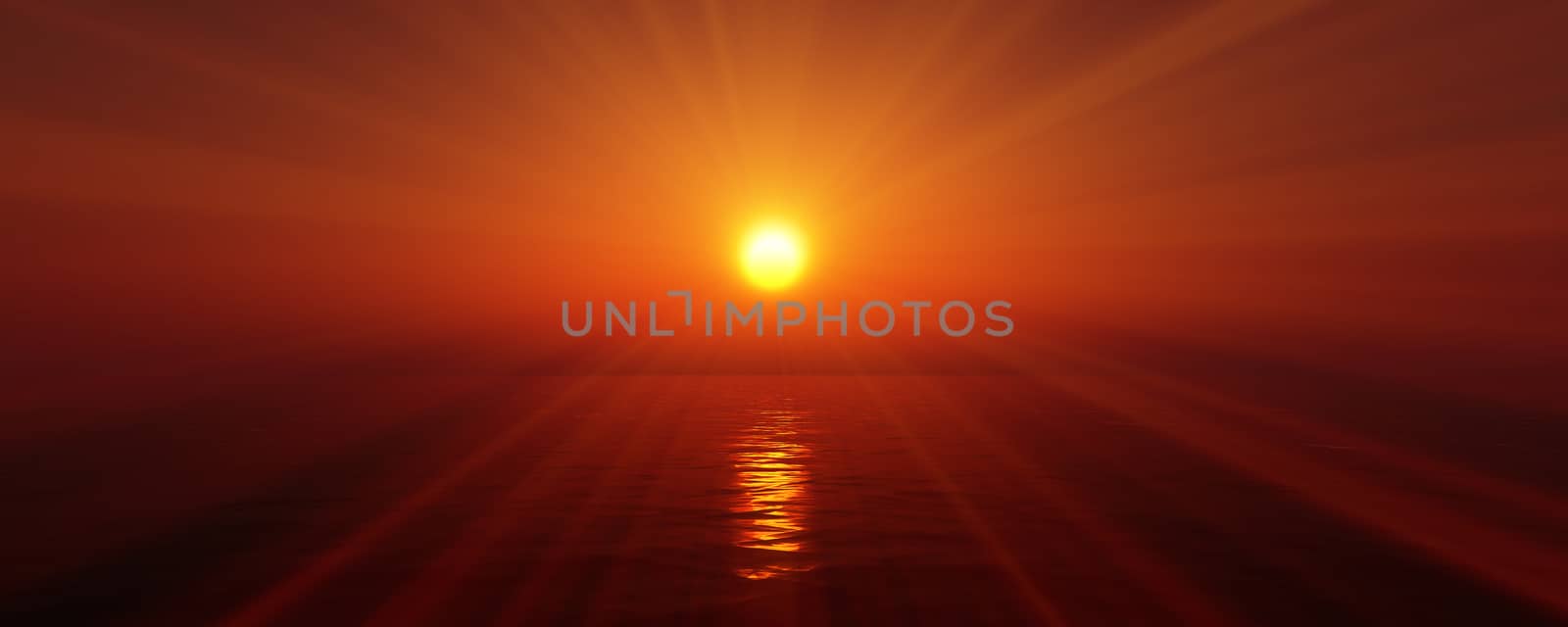 sunset sea sun ray clear sky. 3d rendering by alex_nako