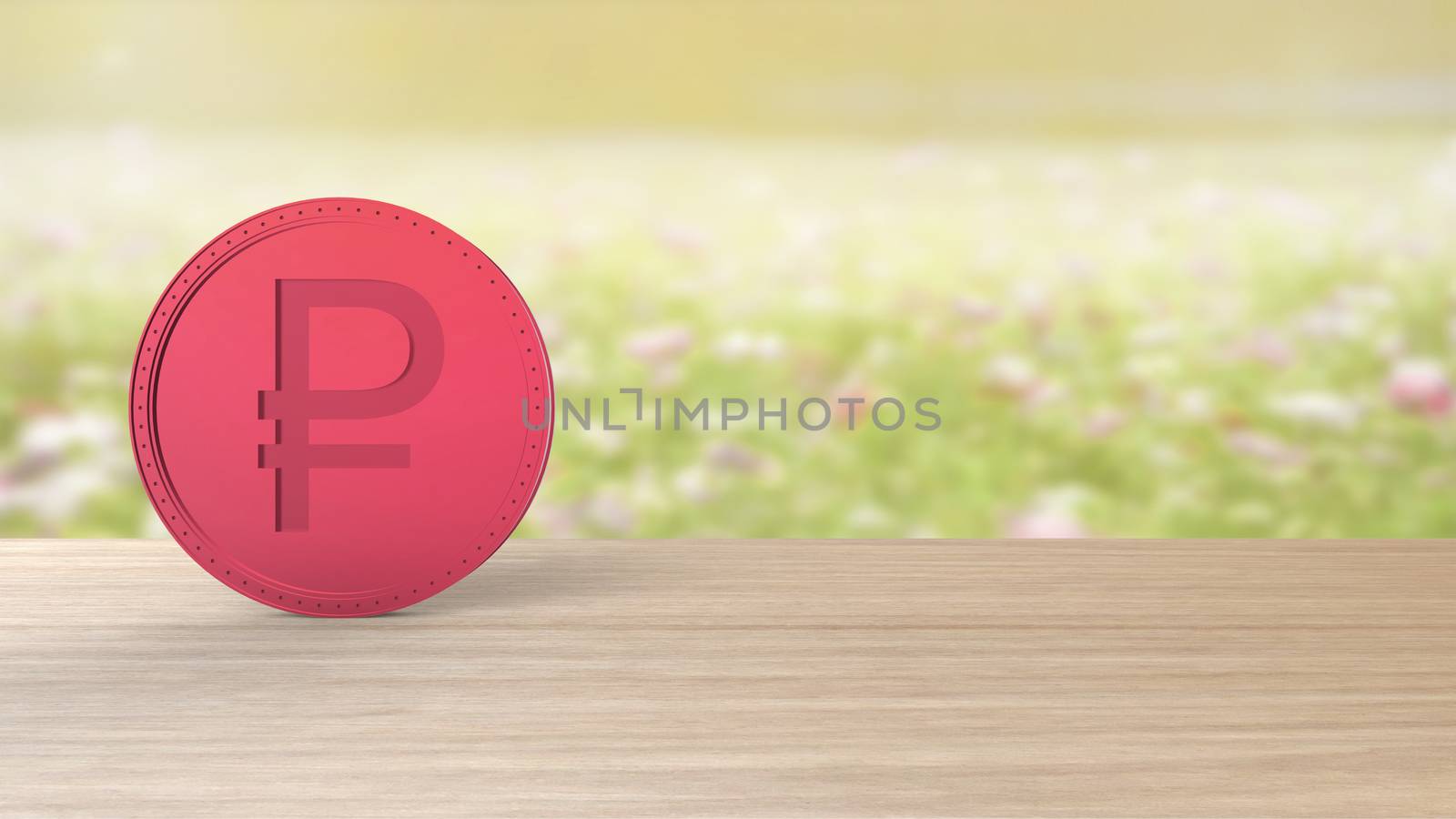 Red ruble coin Isolated on blur field of flowers background. 3d render isolated illustration, business, management, risk, money, cash, growth, banking, bank, finance, symbol. by Andreajk3