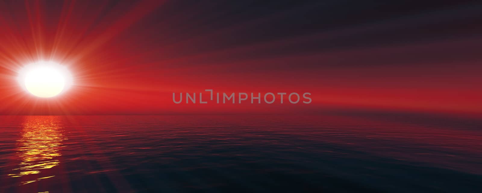 sunset sea sun ray clear sky. 3d rendering by alex_nako