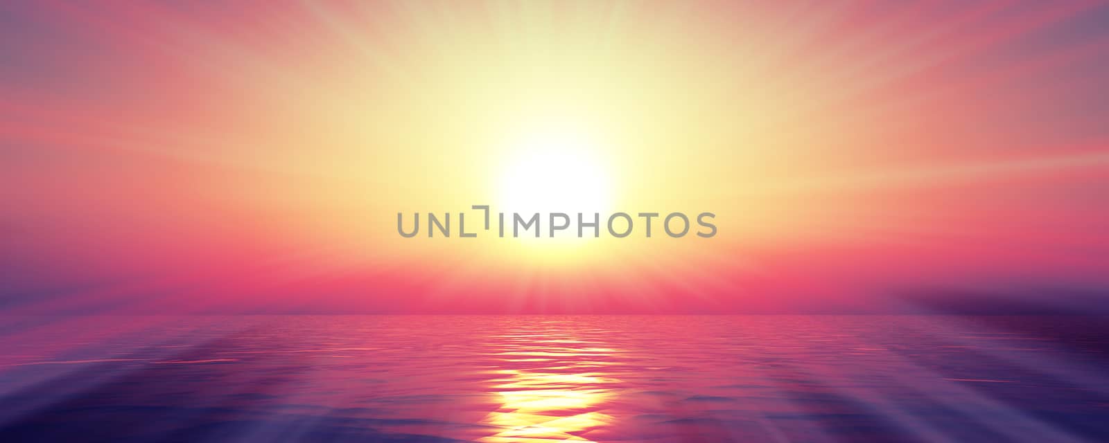 sunset sea sun ray clear sky, 3d rendering illustration