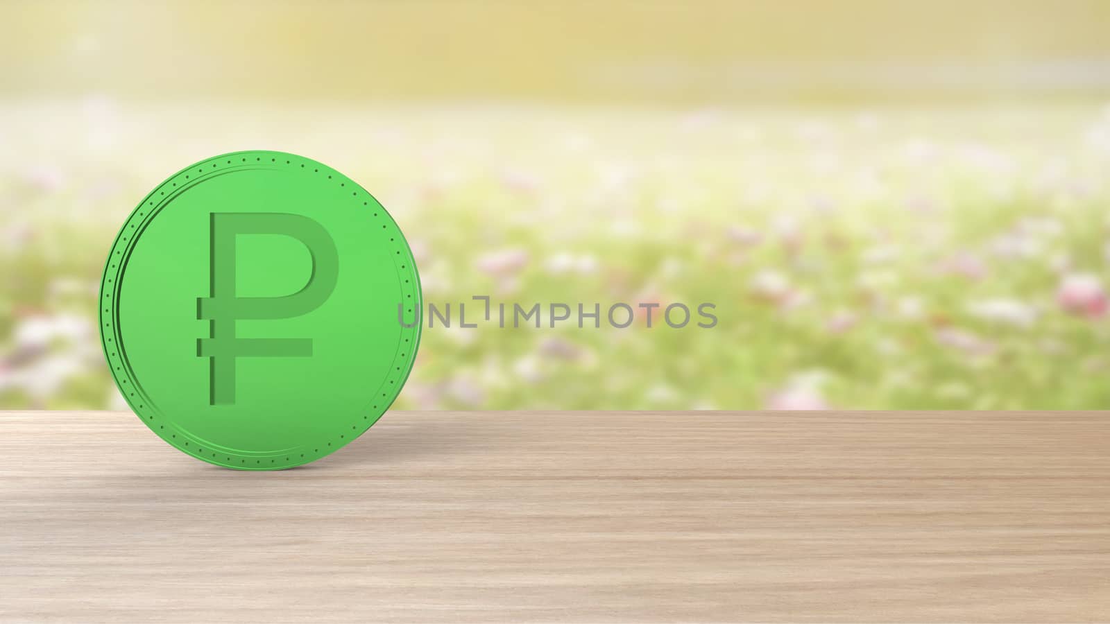 Green ruble coin Isolated on blur field of flowers background. 3d render isolated illustration, business, management, risk, money, cash, growth, banking, bank, finance, symbol. by Andreajk3