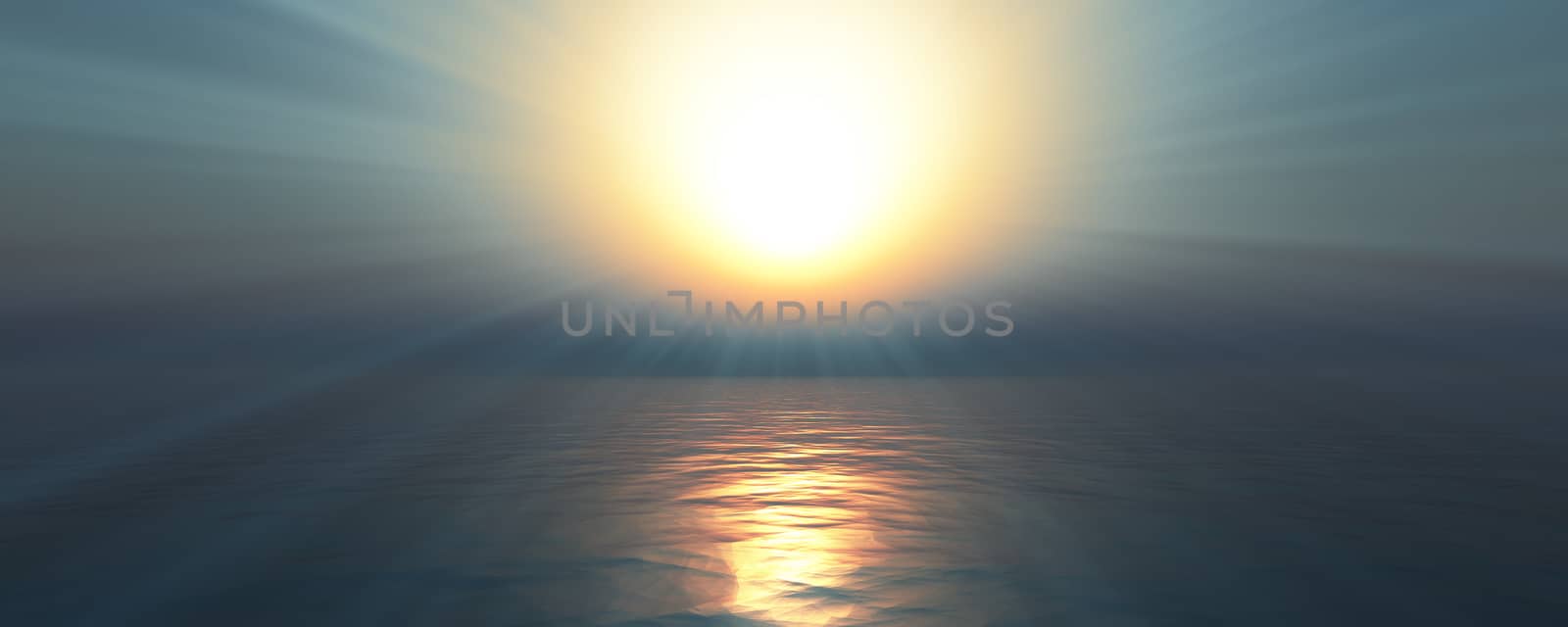 sunset sea sun ray clear sky. 3d rendering by alex_nako