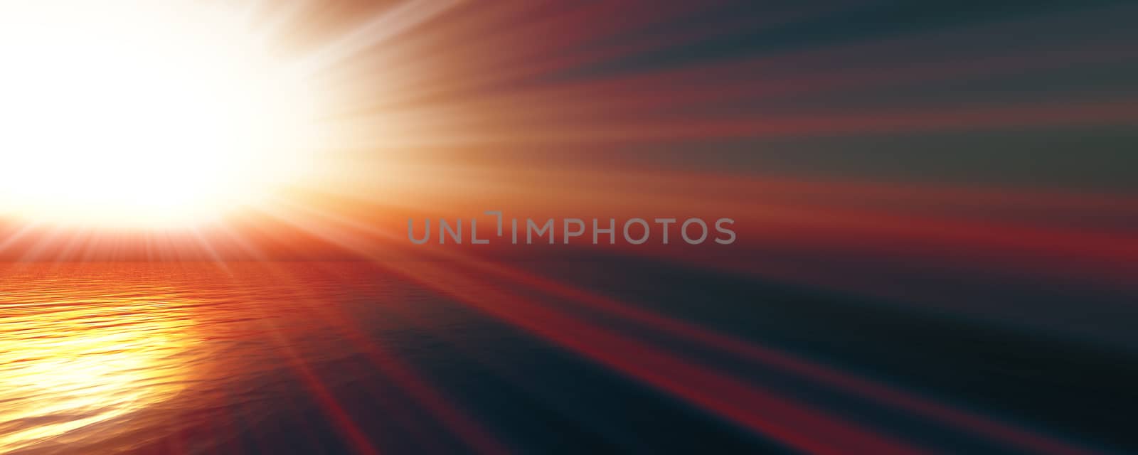 sunset sea sun ray clear sky, 3d rendering illustration