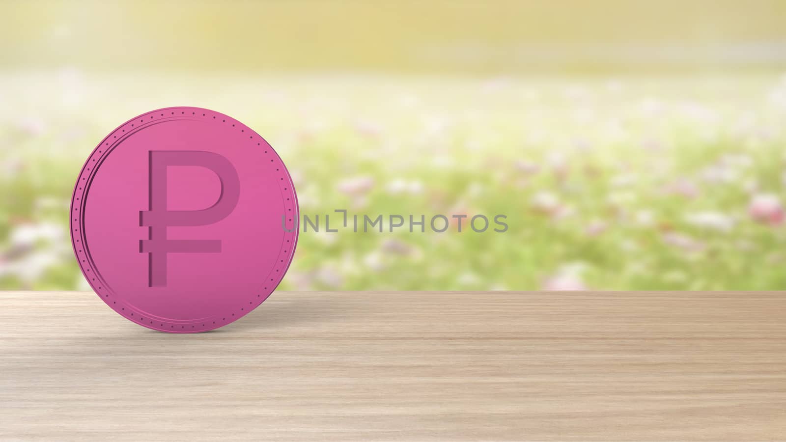 Pink ruble coin Isolated on blur field of flowers background. 3d render isolated illustration, business, management, risk, money, cash, growth, banking, bank, finance, symbol.