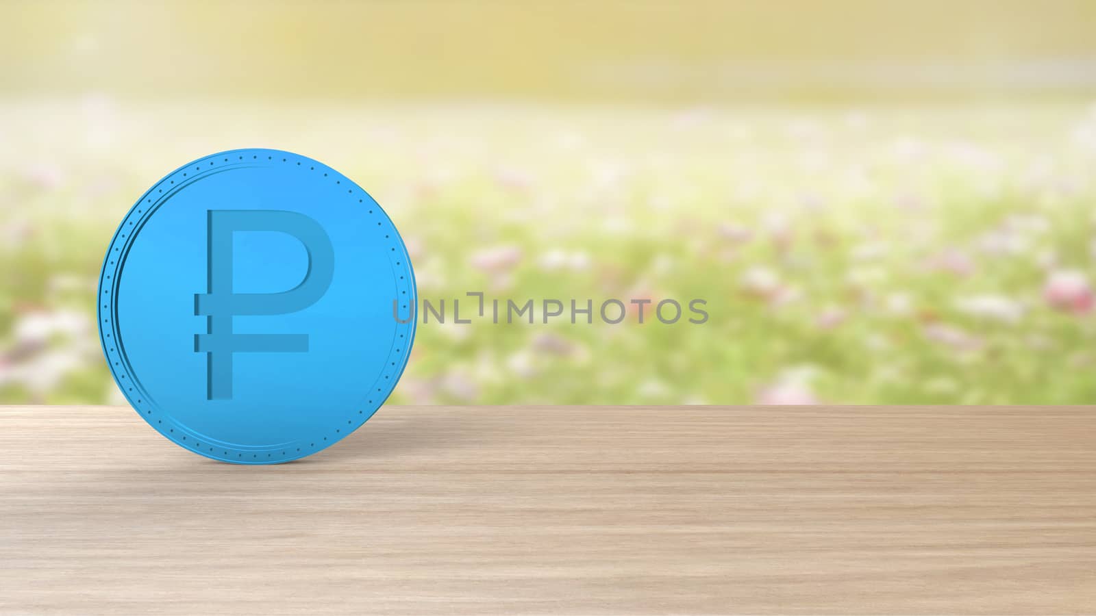 Blue ruble coin Isolated on blur field of flowers background. 3d render isolated illustration, business, management, risk, money, cash, growth, banking, bank, finance, symbol. by Andreajk3