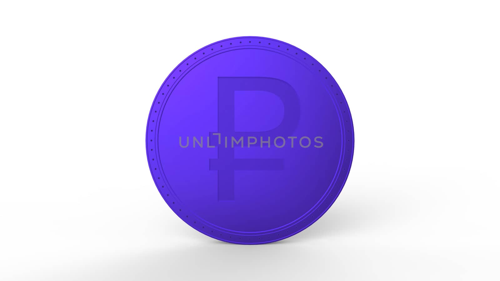 Violet ruble coin Isolated with white background. 3d render isolated illustration, business, management, risk, money, cash, growth, banking, bank, finance, symbol.