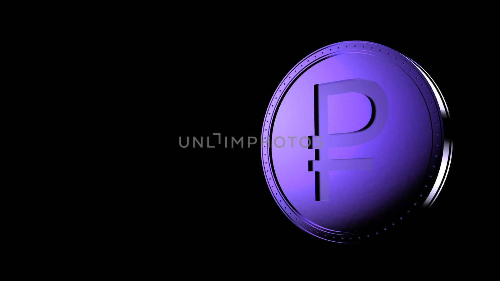 Violet ruble coin Isolated with black background. 3d render isolated illustration, business, management, risk, money, cash, growth, banking, bank, finance, symbol.