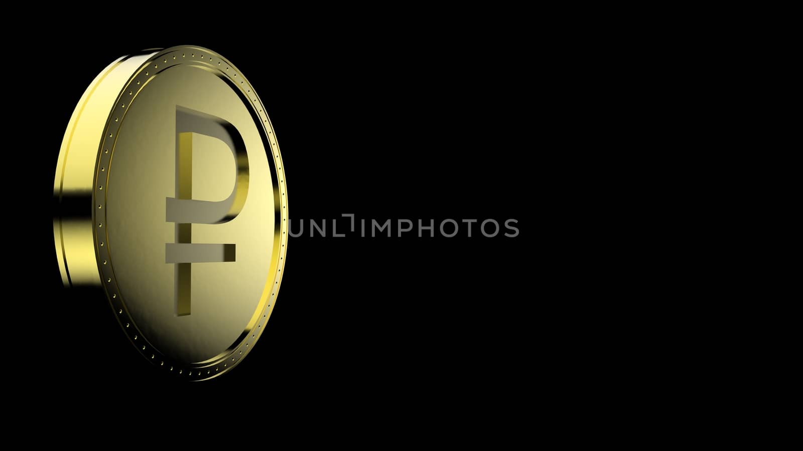 Yellow golden ruble coin Isolated with black background. 3d render isolated illustration, business, management, risk, money, cash, growth, banking, bank, finance, symbol.