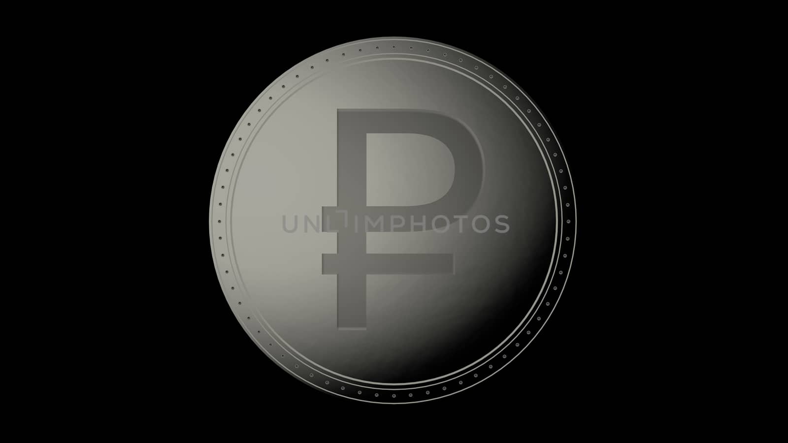 Gray silver ruble coin Isolated with black background. 3d render isolated illustration, business, management, risk, money, cash, growth, banking, bank, finance, symbol.