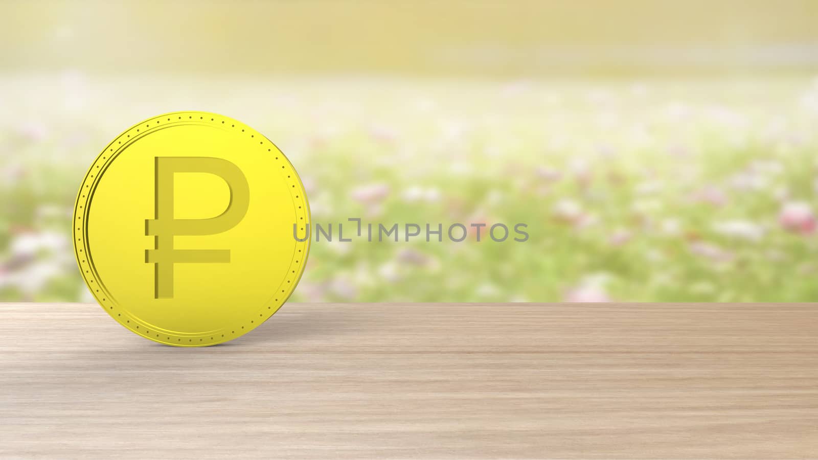 Yellow gold ruble coin Isolated on blur field of flowers background. 3d render isolated illustration, business, management, risk, money, cash, growth, banking, bank, finance, symbol.