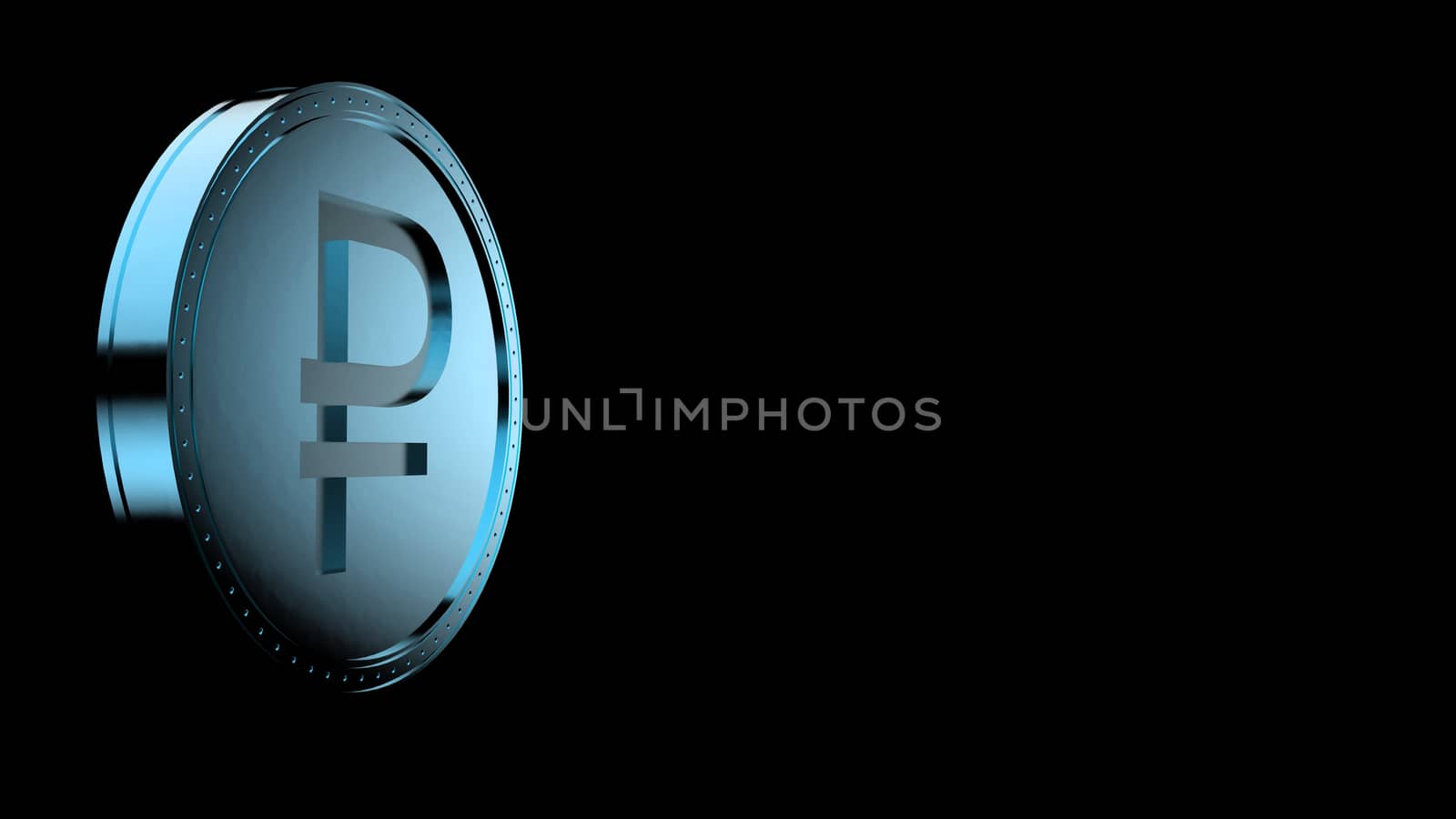 Blue ruble coin Isolated with black background. 3d render isolated illustration, business, management, risk, money, cash, growth, banking, bank, finance, symbol.