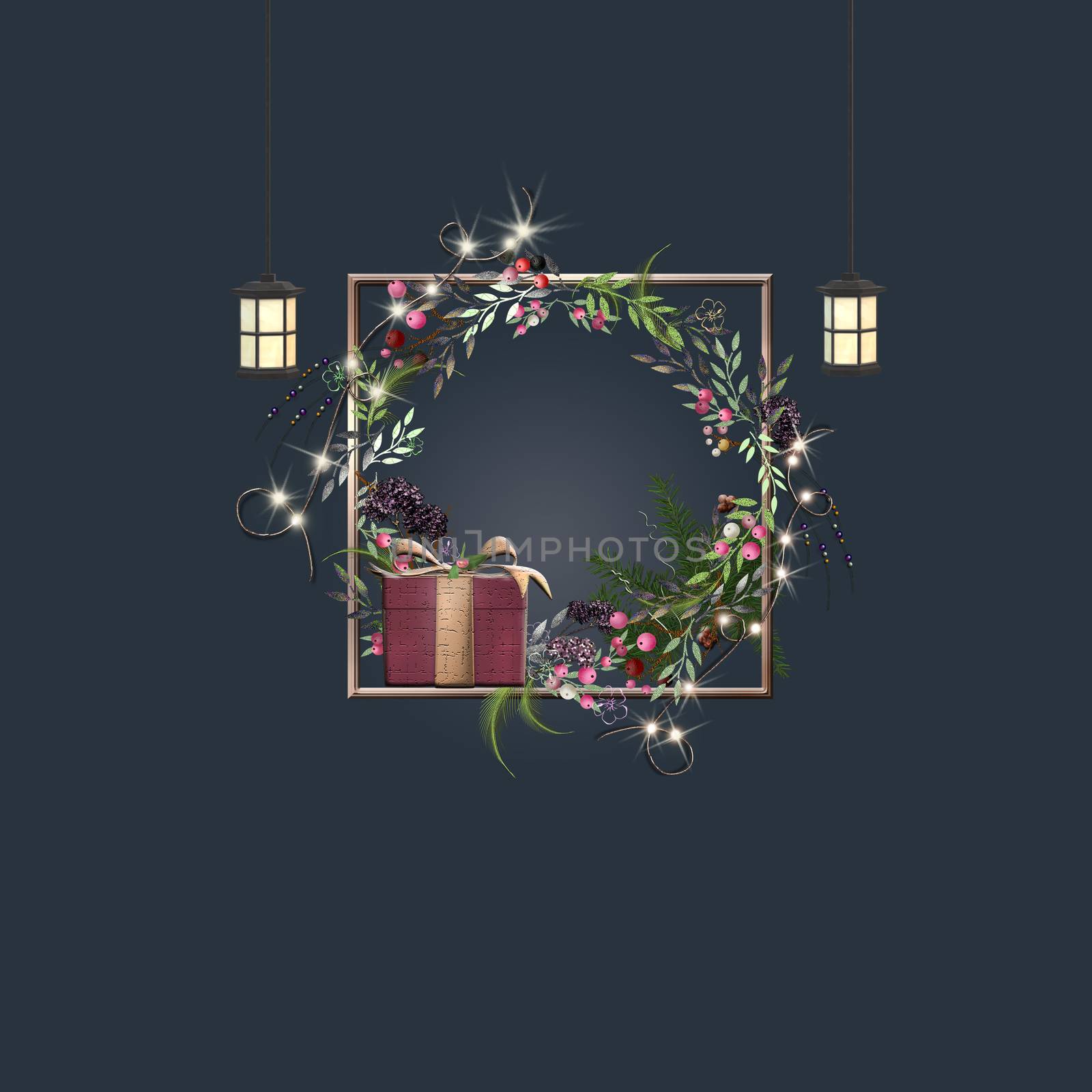 Magic Christmas night with Christmas decoration. Floral wreath, hanging lanterns, gift box on dark blue background. 3D illustration