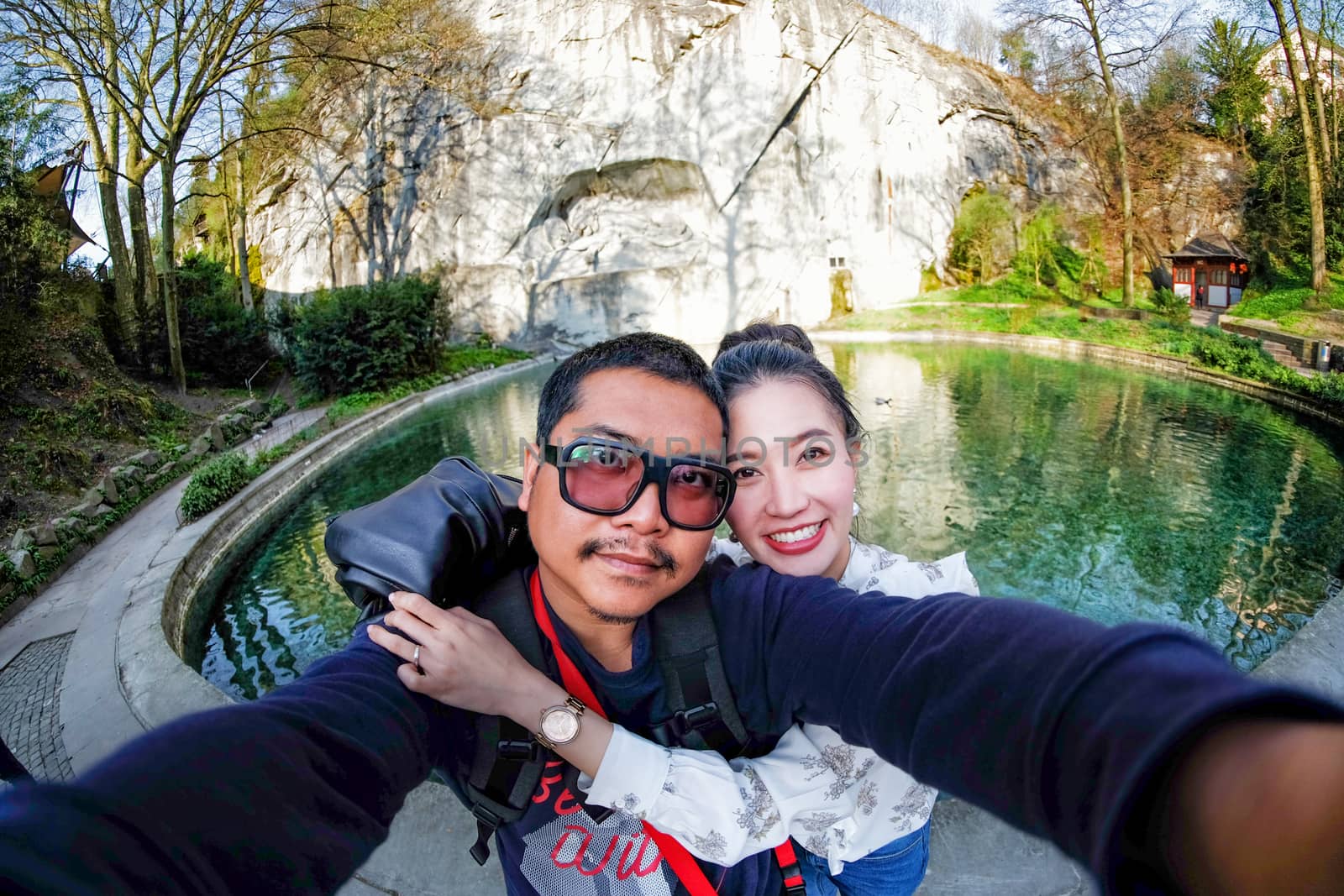 Young Couple Tourists selfie with mobile phone near view of Dyin by Surasak