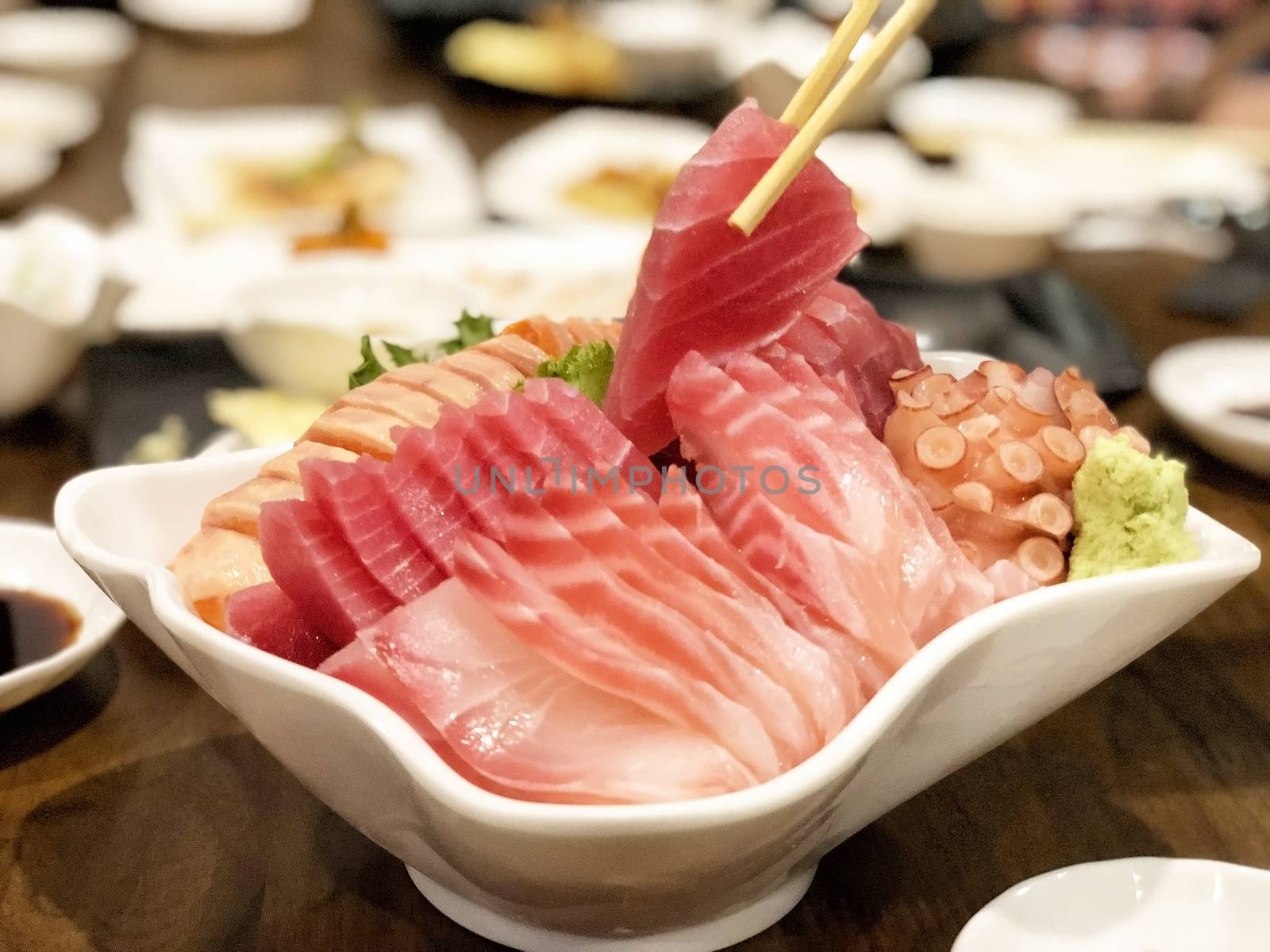 Close up Sashimi salmon set, raw fish, japanese food.