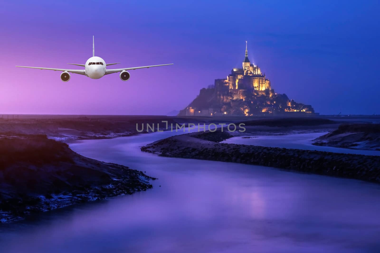 Real airplane over the Cityscpae with the view of Mont Saint Michele, France