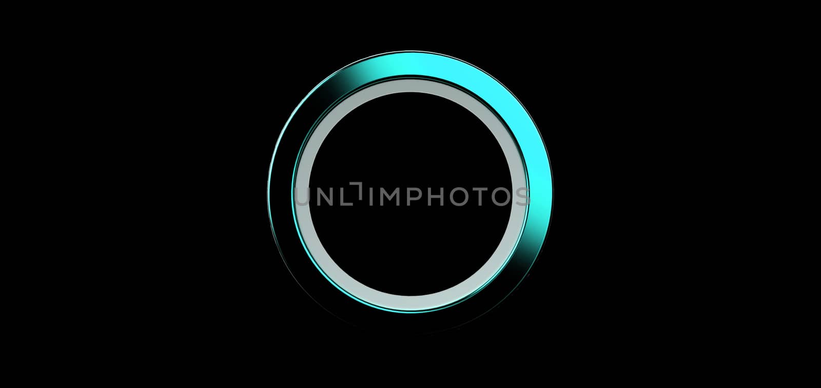 3d render, azure ring on black background. jewelry metal circle shape. empty space with ultraviolet light. metallic jewel fashion show stage, abstract dark illustration