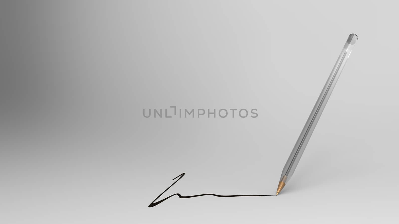 Transparent plastic ball pen leaves a signature on white background, bic, 3d illustration render hd. black pen for note. school supplies for studying, stationery, office