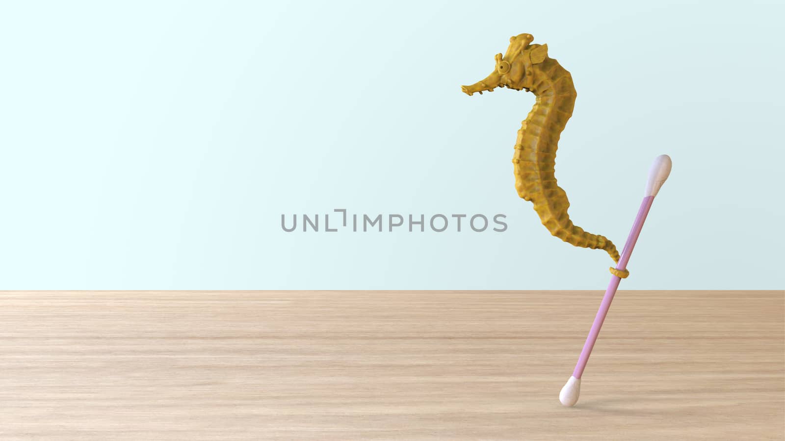 Stop ocean plastic pollution. Render sculpt 3d Side view of a Common yellow Seahorse with swabs. Composed of white plastic waste bag, bottle on wood table with blue background. Plastic problem. by Andreajk3