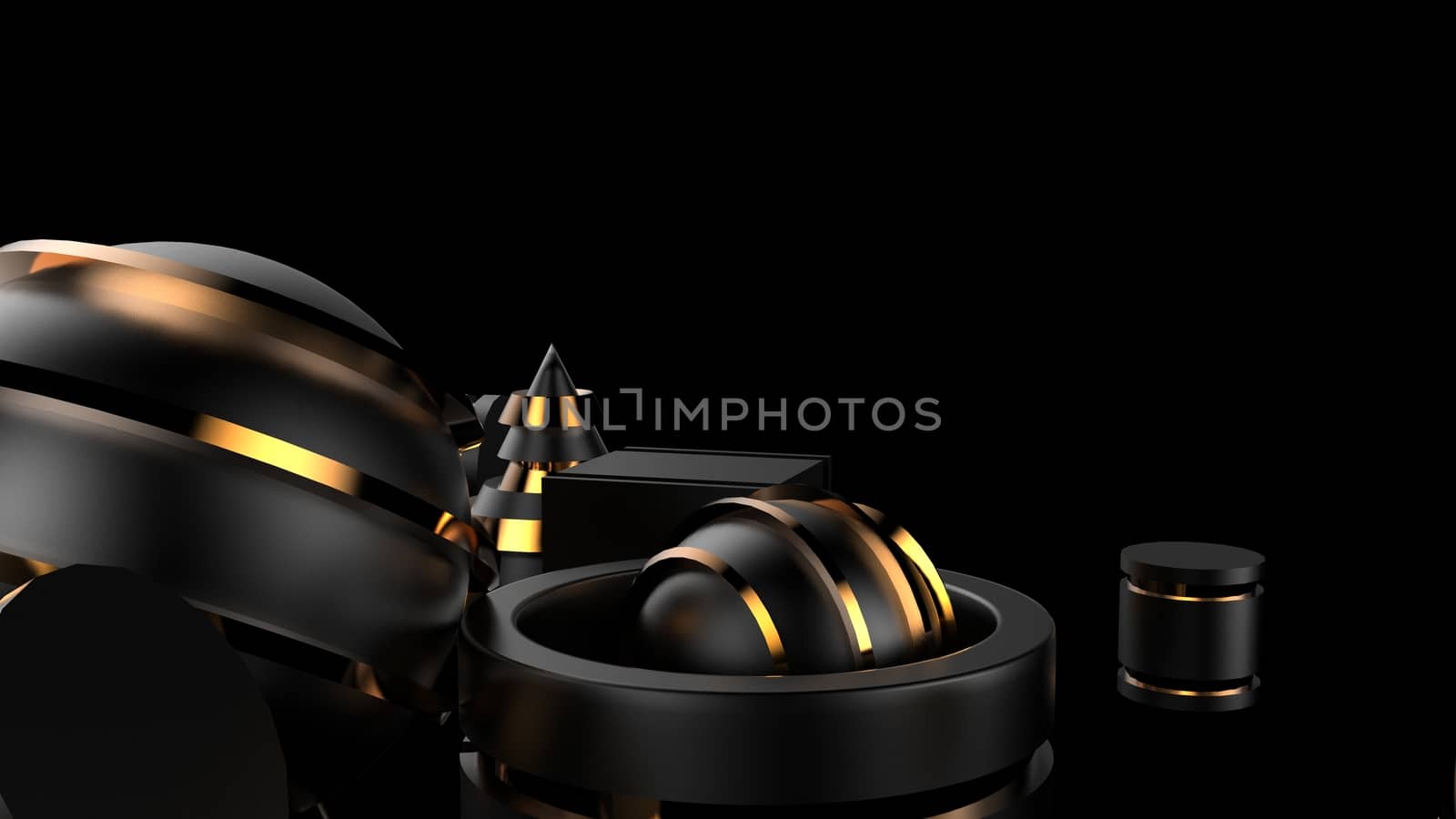 3d render of abstract yellow metal and gold objects on isolated soil. cube, cone, square, ring, circle, ball, cylinder. Pieces of dark metal with golden lines. with black background