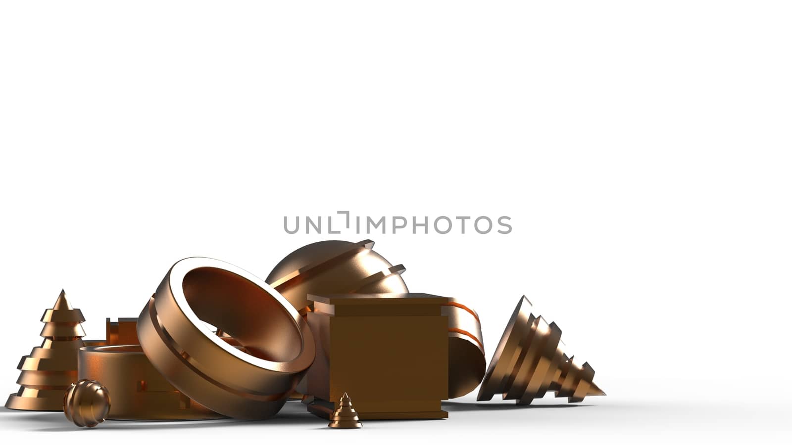 3d render of abstract yellow metal and gold objects on isolated soil. cube, cone, square, ring, circle, ball, cylinder. Pieces metal with golden lines. with white background