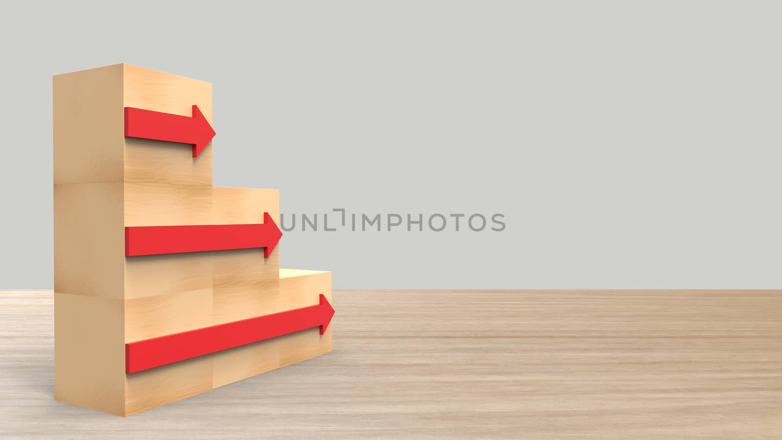 wood block stacking as left stair with red arrow right. Ladder career path concept for business growth success process. On wood wooden table with light gray background HD. Render 3d illustration