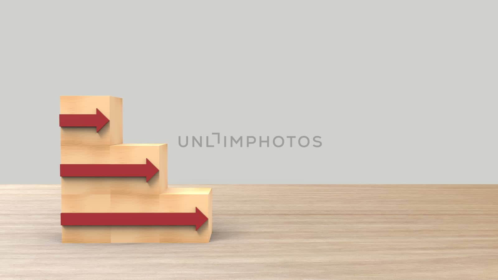 wood block stacking as left stair with red arrow right. Ladder career path concept for business growth success process. On wood wooden table with light gray background HD. Render 3d illustration by Andreajk3