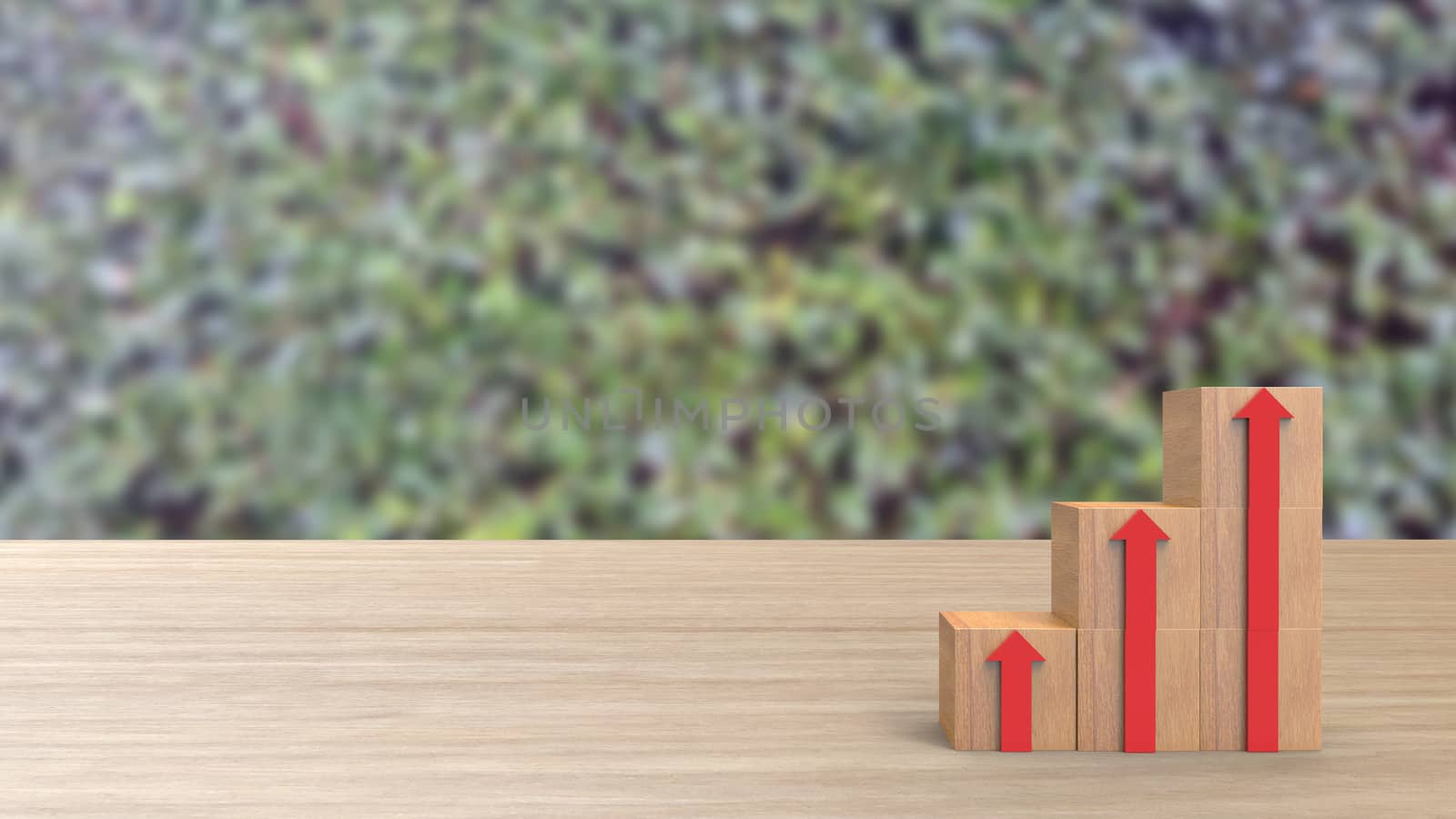 wood block stacking as down stair with red arrow up. Ladder career path concept for business growth success process. On wood wooden table climbing green leaves background HD. Render 3d illustration